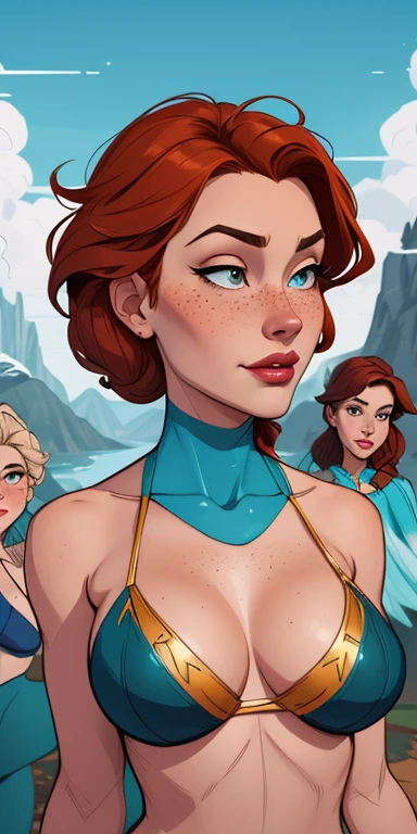Beautiful portrait mode pose Cartoon character in dynamic pose two women together with freckles on their faces Disney princess Queen Anna of Arendelle with 1,60cm on the left and together with a symmetrical body and beautiful breasts, corpo bem definido, delicado e sensual, estilo de desenho animado, digital illustration Portrait mode a close up of two women Cartoon style digital illustration in bikinis in front of a mountain, artegerm e lois van baarle, artegerm e atey ghailan, modelo uniforme | artegerm, artegerm e Genzoman, artegerm comic, como visto em artegerm, artegerm e wlop, artegerm and rossdraws style digital illustration cartoon style