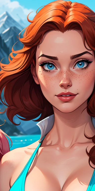 Beautiful portrait mode pose Cartoon character in dynamic pose two women together with freckles on their faces Disney princess Queen Anna of Arendelle with 1,60cm on the left and together with a symmetrical body and beautiful breasts, corpo bem definido, delicado e sensual, estilo de desenho animado, digital illustration Portrait mode a close up of two women Cartoon style digital illustration in bikinis in front of a mountain, artegerm e lois van baarle, artegerm e atey ghailan, modelo uniforme | artegerm, artegerm e Genzoman, artegerm comic, como visto em artegerm, artegerm e wlop, artegerm and rossdraws style digital illustration cartoon style