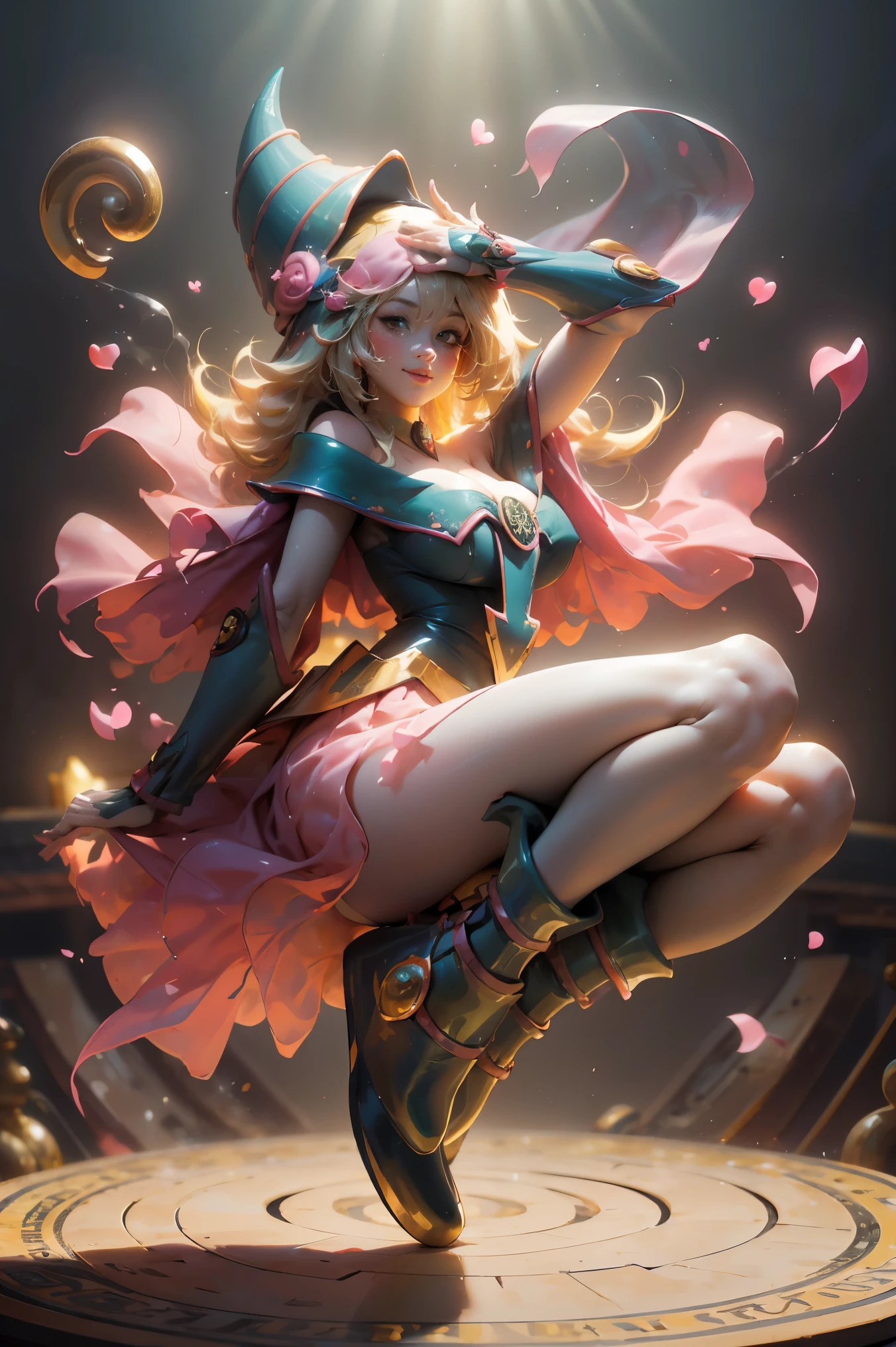 (Obra maestra:1.2), (La mejor calidad:1.2), Perfect lighting, Chica Maga Oscura en tacones, lanzando un hechizo, sonriendo y flotando en el aire, tetas grandes, escote, fondo de magia. Corazones transparente en el ambiente, ella usa Tacones