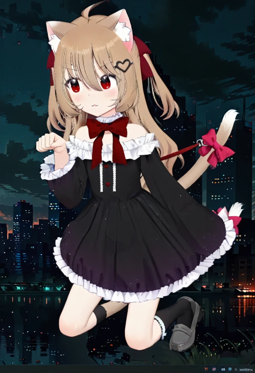 1girl, evil neuro-sama, (yuzu modoki), red eyes, light brown hair, ahoge, two side up, hair ribbon, dark red ribbon, heart hair ornament, black dress, frilled dress, off-shoulder dress, bare shoulders, frilled choker, long sleeves, red bow, red buttons, black heart, black socks, frilled socks, grey footwear, loafers, (masterpiece, best quality), highly detailed, finely detailed, natural lighting, cityscape, skyline, detailed scenery, (3d render:0.7), animal collar, leash, offering leash, paw pose, cat ears, cat tail, tail bow, all fours,