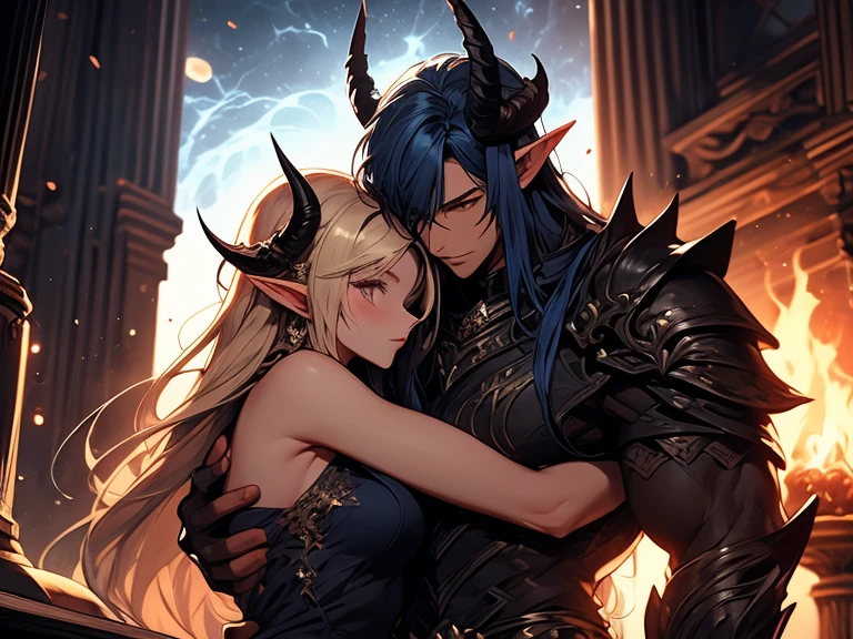 a tall male elf with huge muscles demon horns and dark blue long hair wearing armor hugging a female blonde elf in a medieval room near a pillar, dangerous huge burning meteor falling down outside from the sky, dark sky, dangerous athmosphere, lovers, dark sky with meteor