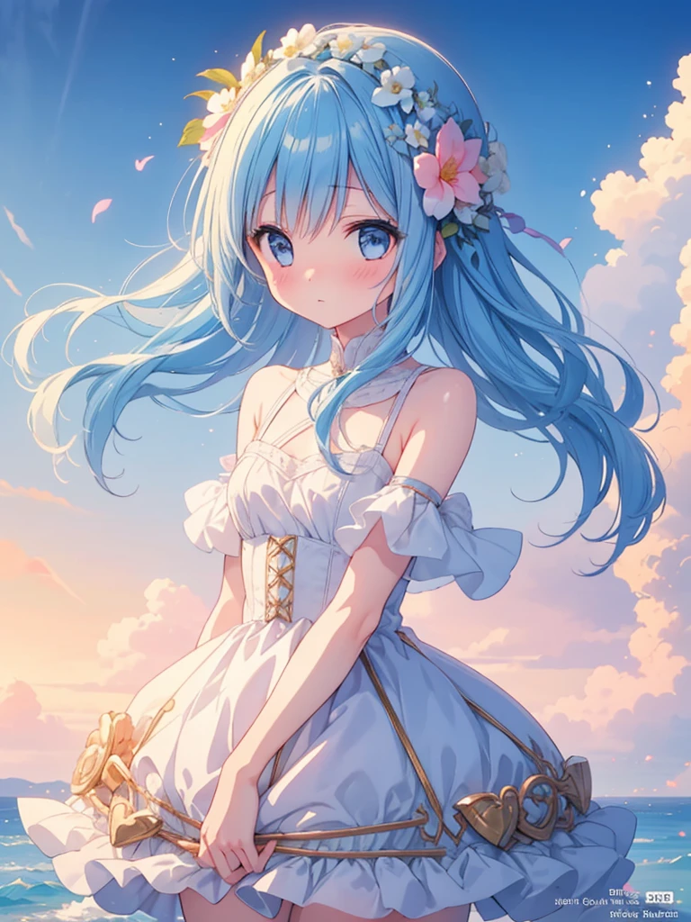 Masterpiece, best quality, extremely detailed, (illustration, official art: 1.1), 1 girl, ((light blue hair))), long hair, 10 years old,  ((blush)), cute face, big eyes, masterpiece, best quality, ((a very delicate and beautiful girl)))), amazing, beautiful detailed eyes, blunt bangs (((little delicate girl)))), tareme (true beautiful: 1.2),small breasts, anime movie, anime, beautiful girl, wind, solo, depth of field, masterpiece, best quality, extremely detailed, (blue sky BACKGROUND: 1.3), SMALL BREASTS,beautiful detailed eyes,,full body,((best quality)), ((masterpiece)) Goddess, Flower、look away, dark maritime scenery,masterpiece, best quality,"Create a masterpiece with the best quality, resembling a movie still, featuring a girl floating in the sky surrounded by clouds. Capture a close-up shot with bright, happy, and warm soft lighting, set during sunset. Add sparks to enhance the magical atmosphere (weight: 0.7)."firework