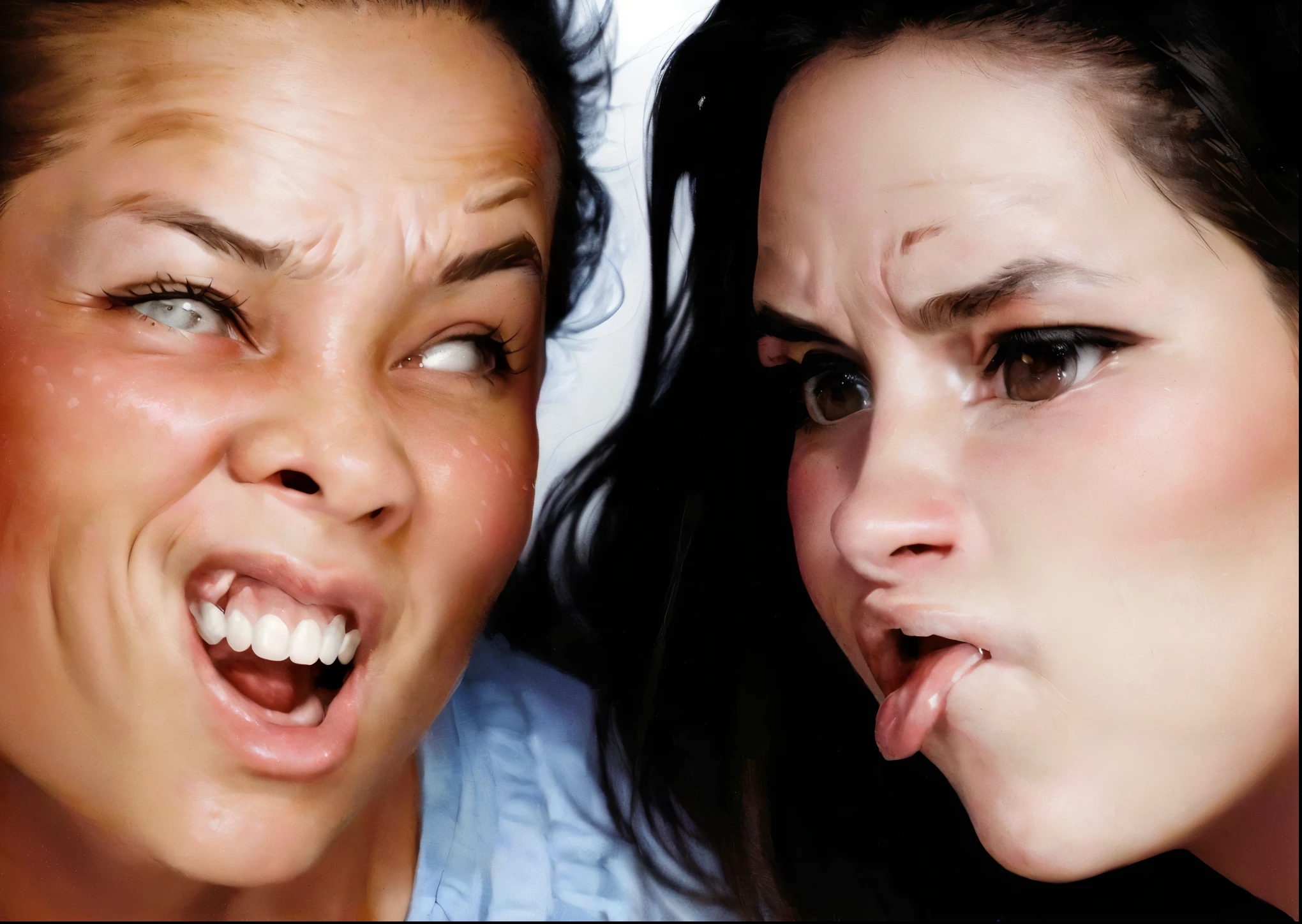 there are two women that are making faces with their mouths, funny faces, grimacing, silly face, crazy expression, jealous face, insane face, funny face, silly playful fun face, laughingstock, giggling, really funny, very funny, flushed cheeks, both laughing, sneering at the camera, funny and silly, sneering