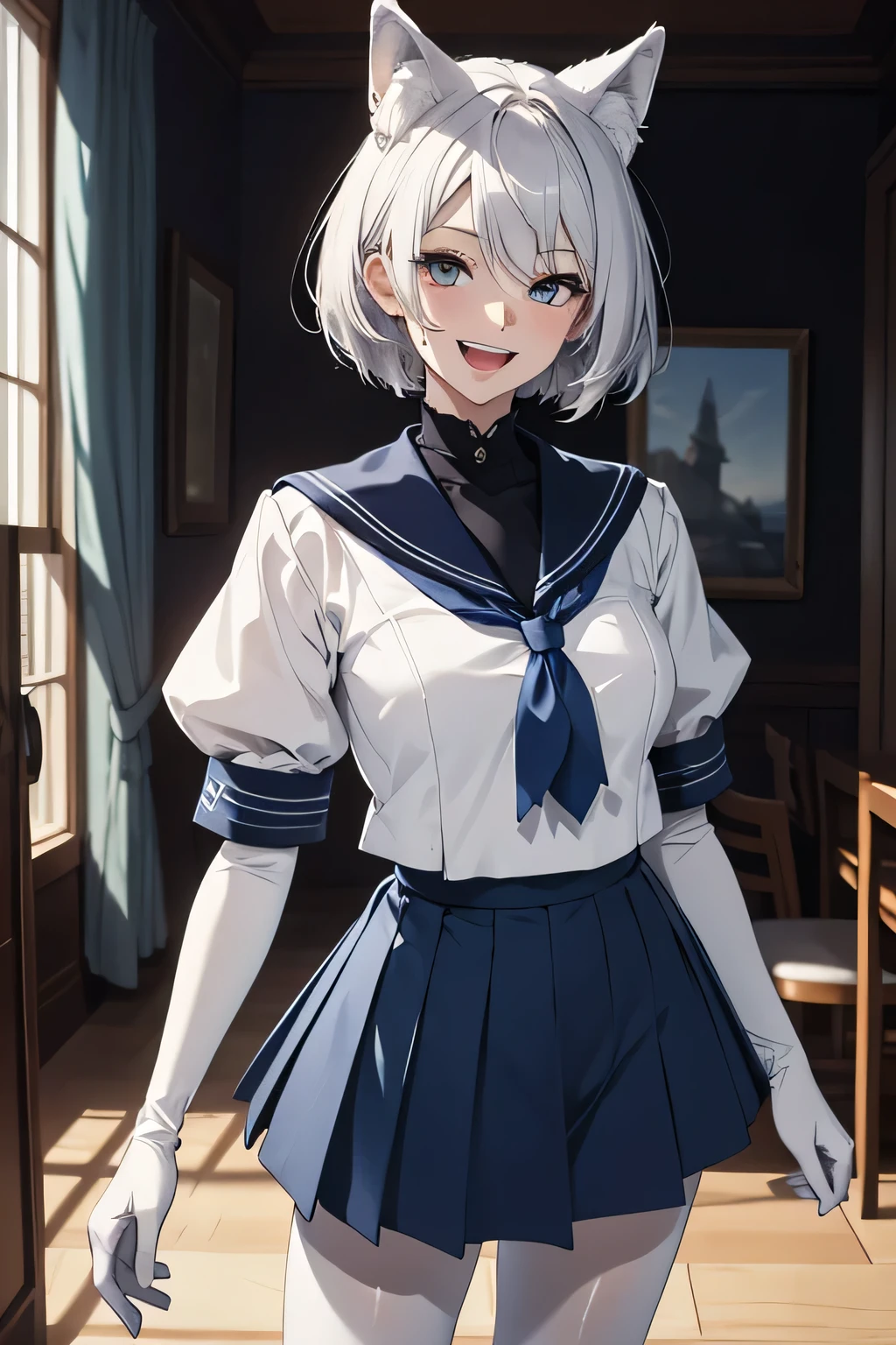 Tabletop high resolution Best image quality 8k Adult female Portraiture White long gloves(Elbow Gloves) White Pantyhose Sailor suit(No sleeve) Navy blue mini skirt White wolf ears short hair((Shortcuts)(Gray Hair)(Perm)(fluffy)) Eye color is blue Fascinating face((Laughter)(smile)(Open your mouth))