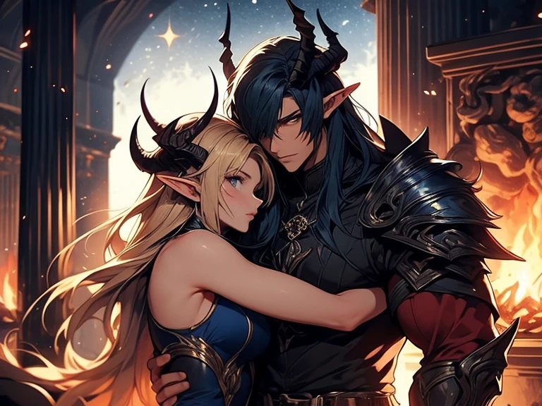 a tall male elf with huge muscles demon horns and dark blue long hair wearing armor hugging a female blonde elf in a medieval room near a pillar, dangerous huge burning meteor falling down outside from the sky, dark sky, dangerous athmosphere, lovers, dark sky with meteor