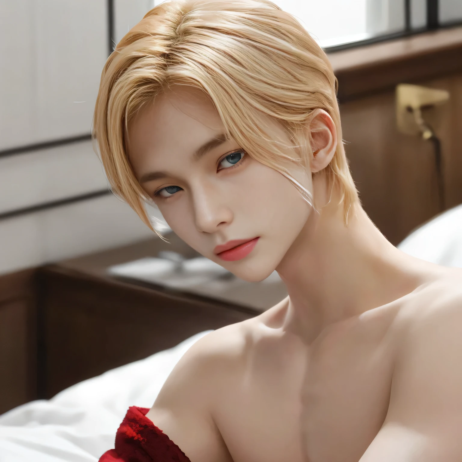 Portrait of a 26 year old young man, shirtless, blushing, blonde, in bed, red velvet, handsome supermodel, white skin, extremely pale skin, attractive boy, blonde boy, cinematographic, best quality, sharpness, focus on the boy, anatomical perfection, golden ratio, open legs, red underwear, bluge, perfect anatomy, perfect symmetry, facial symmetry, body symmetry