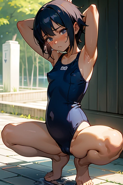 18 year old black man, Dark Skin、Visible nipples、Pregnant women、pregnancy、Berry Short、boyish、small size of breasts, Flat Chest、Sidelim body, Squat posture、Spread your legs, Spread your legs, Only one girl, One piece swimsuit、Navy blue school swimsuit、Front of body、looking at the camera、Scared、Shame play、Embarrassing、Are crying、Flowing Tears、Closed Mouth、barefoot、incontinence、Girl urinating outdoors、Armpits、Hands behind head