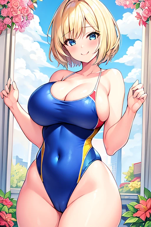 1girl, blonde hair, very short hair, short hair, flower orbament, ornament, hair ornament, blue eyes, one-piece swimsuit, competition swimsuit, large breasts, wide hips, thick thighs, smile, breasts supress, ((breast suppress)), hands on breasts