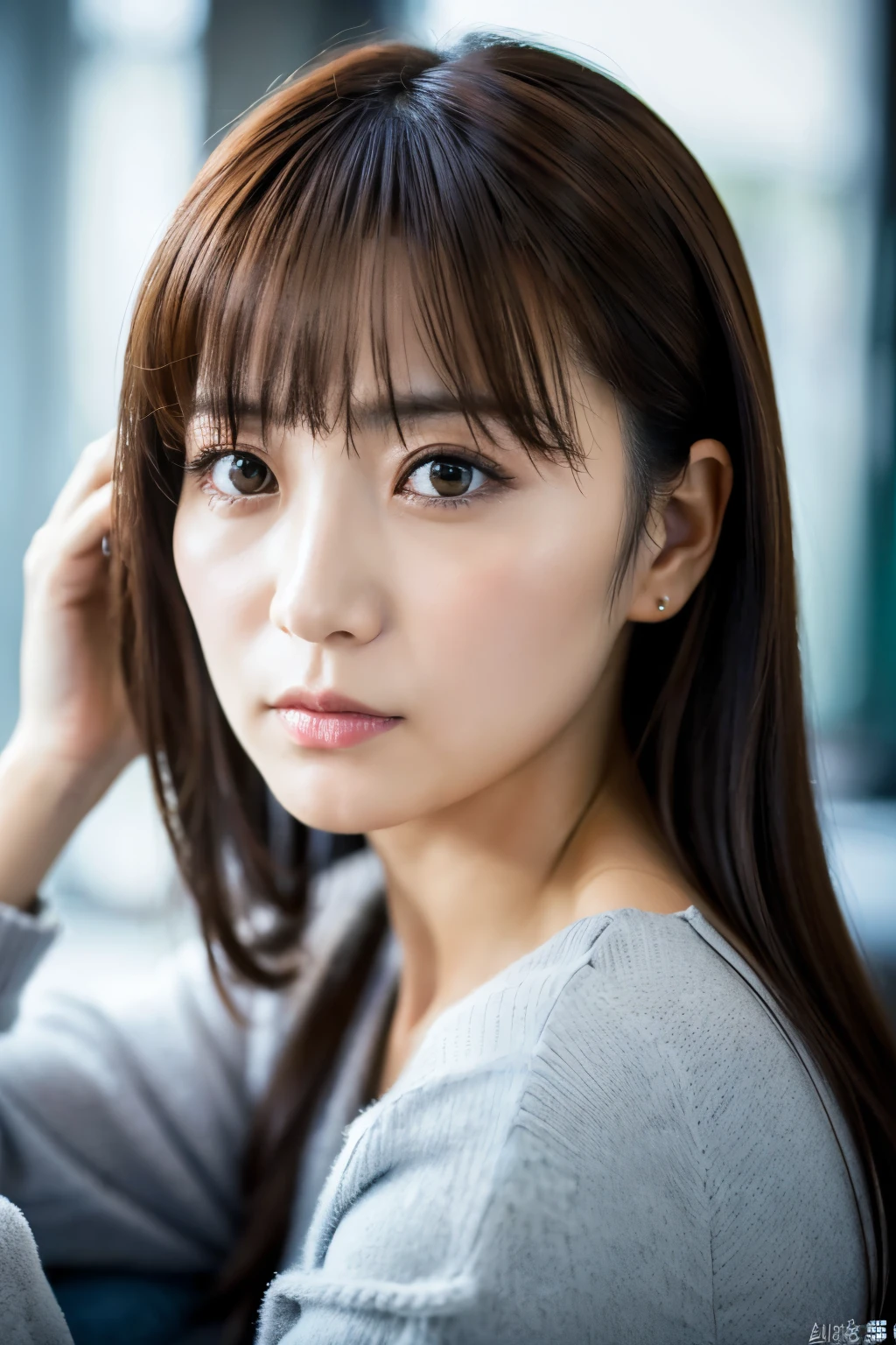 Masterpiece, 8K, high quality, high resolution, beautiful Japanese woman, 30 years old, poker face, glaring eyes, (detailed face, detailed eyes), looking at viewer, portrait