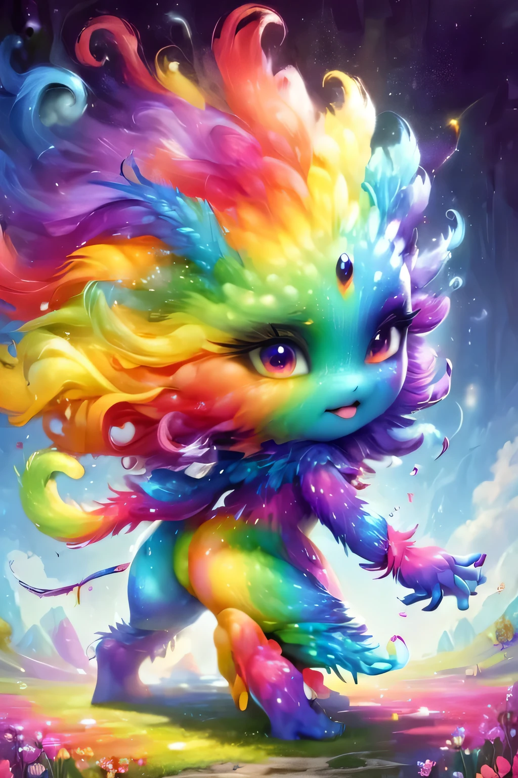 fantasy art , 8K, HD, Creature magic,coloful,rainbow,female,cute,pretty,monster