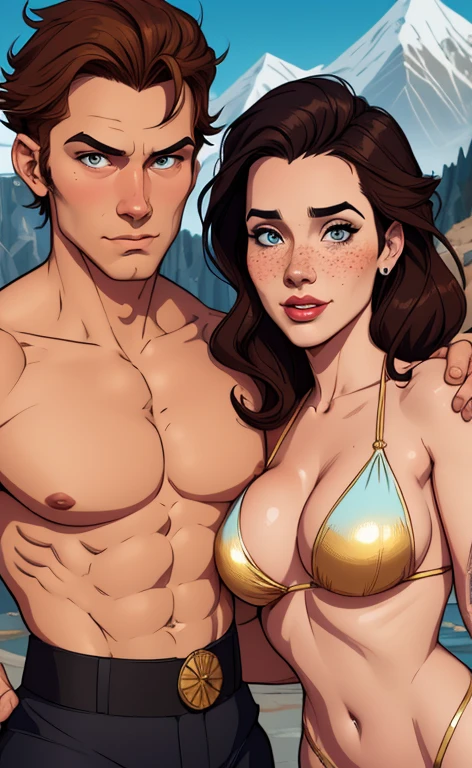 Beautiful portrait mode pose Cartoon character in dynamic pose two women together with freckles on their faces Disney princess Queen Anna of Arendelle with 1,60cm on the left and together with a symmetrical body and beautiful breasts, corpo bem definido, delicado e sensual, estilo de desenho animado, digital illustration Portrait mode a close up of two women Cartoon style digital illustration in bikinis in front of a mountain, artegerm e lois van baarle, artegerm e atey ghailan, modelo uniforme | artegerm, artegerm e Genzoman, artegerm comic, como visto em artegerm, artegerm e wlop, artegerm and rossdraws style digital illustration cartoon style waist-up portrait mode with lots of gold around her other precious stones waist-up portrait mode queen of the south Jennifer Connelly GTA scenery dominatrix gold coins chest with jewelry with her boyfriend man with black beard armed military style
