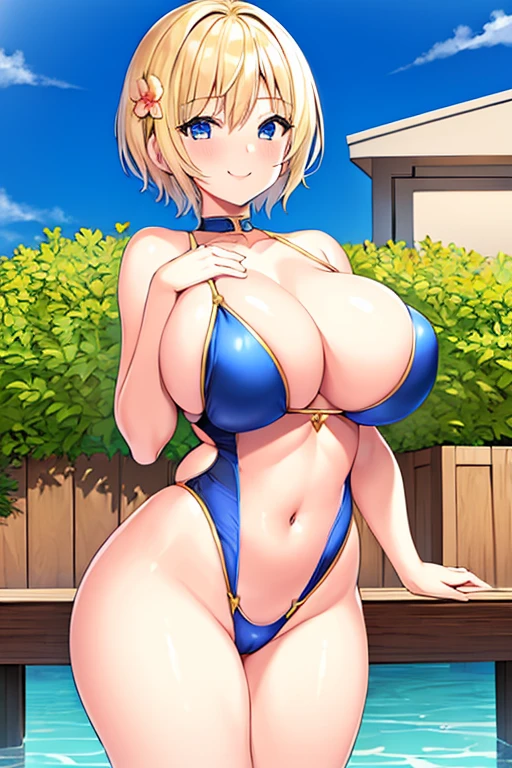 1girl, blonde hair, very short hair, short hair, flower ornament, ornament, hair ornament, blue eyes, one-piece swimsuit, competition swimsuit, large breasts, wide hips, thick thighs, smile, breasts supress, ((breast suppress)), hands on breasts