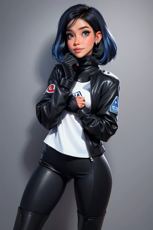 en esto_pokemon, 1 chica, solo, piel oscura, blue eyes, pelo negro, pelo azul, pelo de dos tonos, labios brillantes, pendientes ,uniforme del equipo cohete, letra roja R, falda blanca,top corto blanco,botas negras hasta el muslo, guantes negros hasta el codo, boca cerrada, sonrisa, mirando hacia abajo al espectador, sentado ,piernas cruzadas, fondo del cielo nocturno
