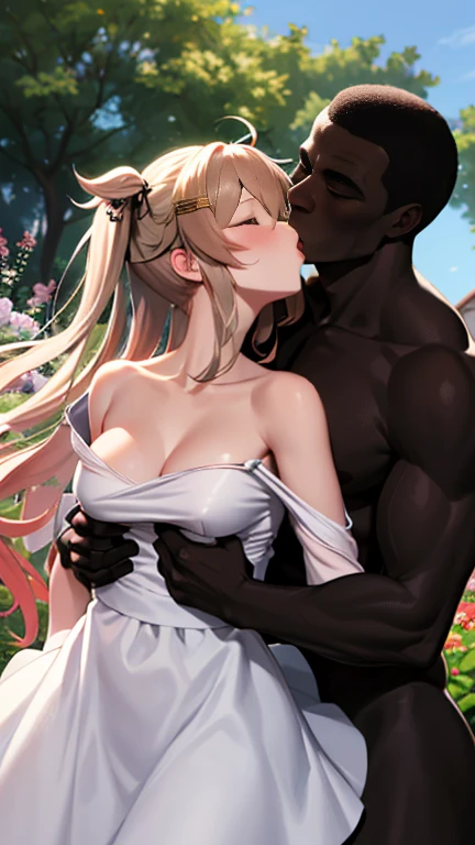 {perfect anatomy},((beautiful face:1.1))((1girl, 1black man, kiss, groping:1.2)),masterpiece, best quality, highres, bbmurasa, long hair, two side up, hair flaps, hairclip, heterochromia, red eyes, brown eyes, off shoulder, collarbone, wedding dress, bouquet, garden,  (View your viewers:1.1), ,( blush, open your mouth, roll your eyes, stick out tongue,)(parted lips),(I close my eyes and feel weak) 