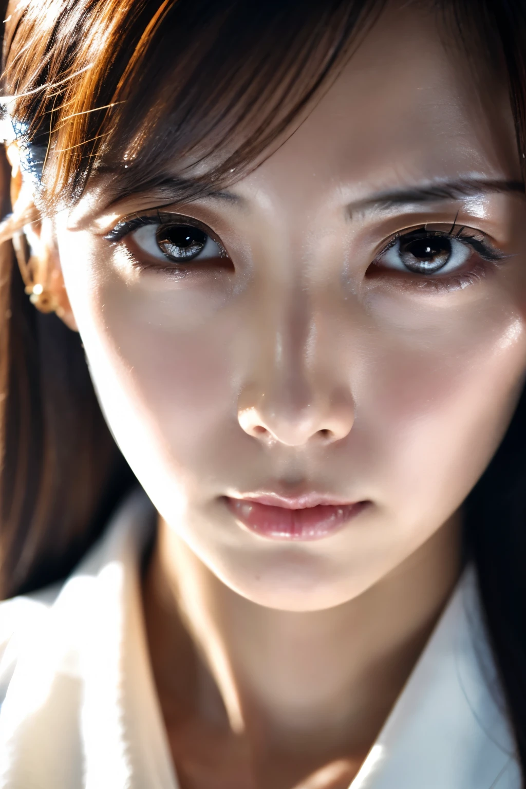 Masterpiece, 8K, high quality, high resolution, beautiful Japanese woman, 30 years old, poker face, glaring eyes, (detailed face, detailed eyes), looking at viewer, portrait