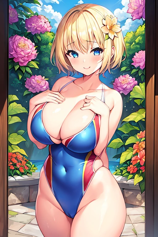 1girl, blonde hair, very short hair, short hair, flower, flower orbament, ornament, hair ornament, blue eyes, one-piece swimsuit, competition swimsuit, large , wide hips, thick thighs, smile, breastss, ((breast suppresands on breasts