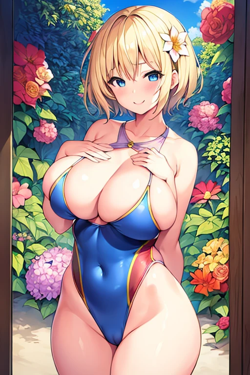 1girl, blonde hair, very short hair, short hair, flower, flower orbament, ornament, hair ornament, blue eyes, one-piece swimsuit, competition swimsuit, large breasts, wide hips, thick thighs, smile, breasts supress, ((breast suppress)), hands on breasts