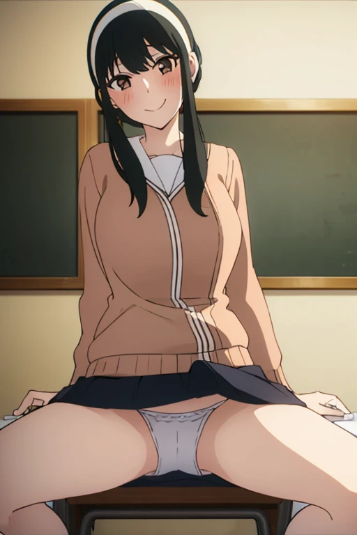 (masterpiece, highest quality: 1.2), alone, 1 girl, alone, panties，，blush，Sailor suit，blazer，your heather, smile, Mouth closed, View your viewers, Long black hair, head band,  Earrings, Big Breasts, Medium Waist, Medium Hips, wide thighs, Embarrassing, Charm, smiling with her Mouth closed, Good move.., Excellent anatomy,panties，classroom，，Sailor suit，blazer，skirt， (((skirtめくり, I can see your pants)))，Spread your legs，Spread your legs，