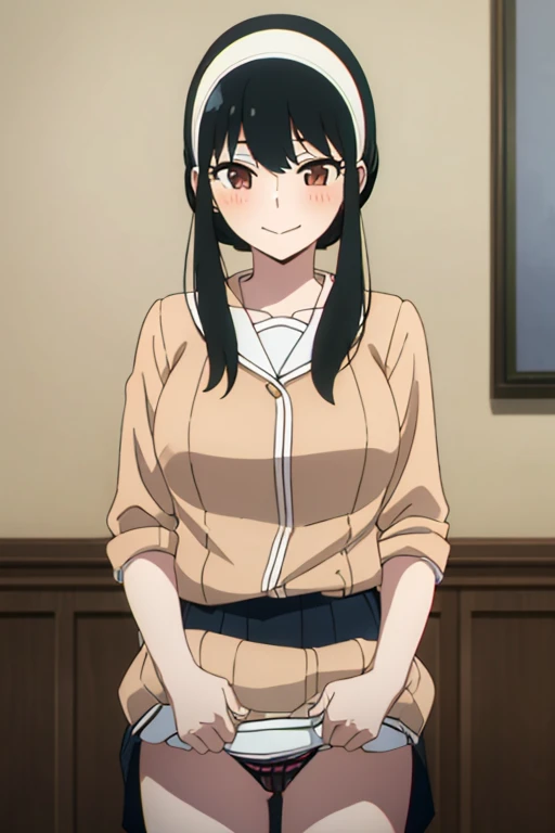 (masterpiece, highest quality: 1.2), alone, 1 girl, alone, panties，，blush，Sailor suit，blazer，your heather, smile, Mouth closed, View your viewers, Long black hair, head band,  Earrings, Big Breasts, Medium Waist, Medium Hips, wide thighs, Embarrassing, Charm, smiling with her Mouth closed, Good move.., Excellent anatomy,panties，classroom，，Sailor suit，blazer，skirt， (((skirtめくり, I can see your pants)))，Spread your legs，Spread your legs