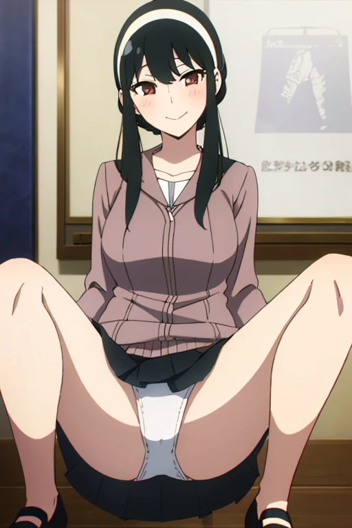 (masterpiece, highest quality: 1.2), alone, 1 girl, alone, ，，blush，Sailor suit，blazer，your heather, smile, Mouth closed, View your viewers, Long black hair, head band,  Earrings, Big Brem Waist, Medium Hips, wide thighs, Embarrassing, Charm, smiling with her Mouth closed, Good move.., Excellent anatomy,panties，classroom， suit，blazer，skirt， (((skirtめくり, I can see your pants)))，Spread your legs，Spread your legs
