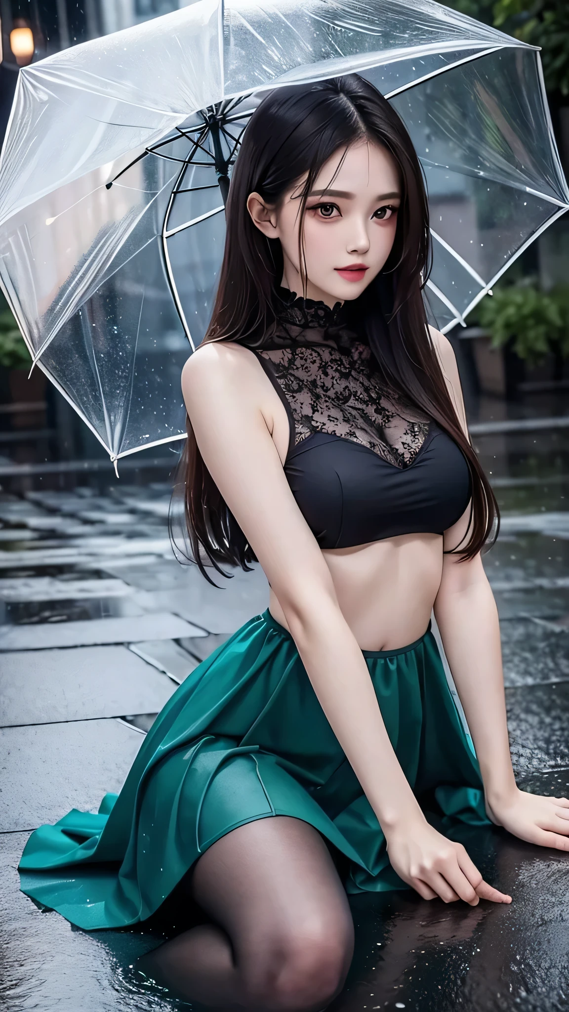 4k ultra hd, masterpiece, best quality, a girl, beautiful face, detailed eyes, very long hair, impressive and attractive hair, good looking, lovely lips, happy, opened mouth, rainy dress, dark green dress, bare stomach, cristalized jwellery, shining jwellery, natural background, wet ground, hard raining, wet body, direct x 3.0 visual effect, reflection on water, very hard raining, blowing wind, sitting in the rain, whole body capture,