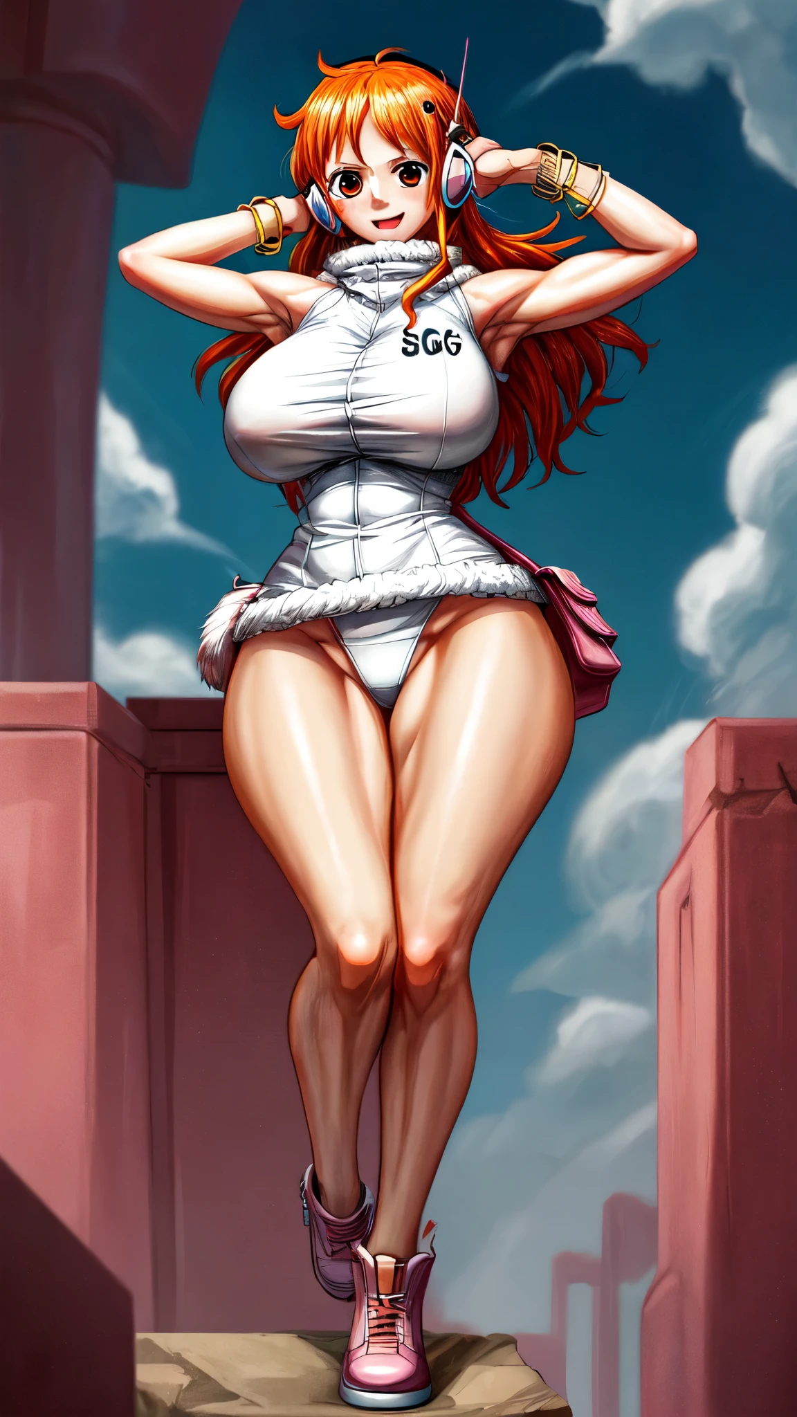 eggnami 1girl, solo, long hair, breasts, orange hair, headphones, sleeveless, brown eyes, nami, bracelet, jewelry, underwear, swimsuit, fur trim, white topwear, pink pouch, ((panties)), big breast, thick thighs, muscular body, wide hips