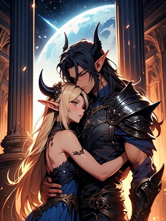 a tall male elf with huge muscles demon horns and dark blue long hair wearing armor hugging a female blonde elf in a medieval room near a pillar, dangerous huge burning meteor falling down outside from the sky, dark sky, dangerous athmosphere, lovers, dark sky with meteor