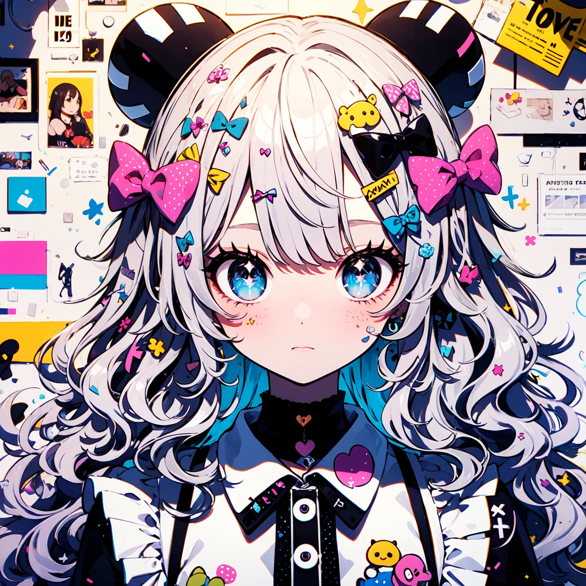 masterpiece, highest quality, Very detailed, Beautiful Shadows, Cinema Lighting, Studio Light, cute, Wavy Hair, Big eyes, Flower pattern in pupil, Pupil shape , cute polka dot pattern on bows, Plaid, Light purple hair，Sparkling eyes，Wearing pink and blue maid clothes，pure white cute girl,whole body, Full Shot, Horn, Retro, Valletta, Decora, Plenty of accessories