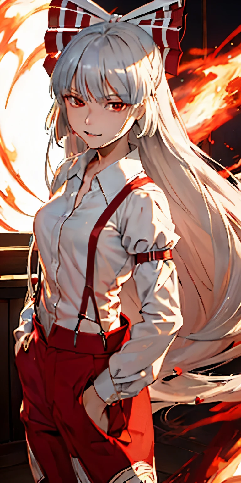(masterpiece, best quality:1.3), (cinematic angle:1.3), Fujiwara no Mokou, Touhou Series, perfect face, expressive eyes, 1 girl, looking at viewer, 16 years old, beautiful, anime, lora, silver hair, long hair, white shirt, red long pants, (look evil:1.5),