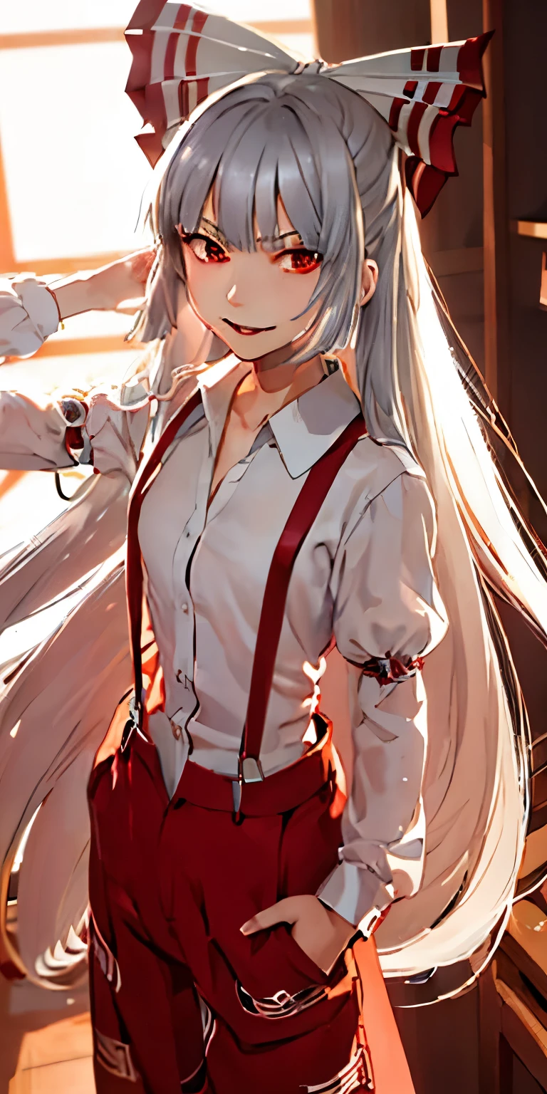 (masterpiece, best quality:1.3), (cinematic angle:1.3), Fujiwara no Mokou, Touhou Series, perfect face, expressive eyes, 1 girl, looking at viewer, 16 years old, beautiful, anime, lora, silver hair, long hair, white shirt, red long pants, (look evil:1.5),