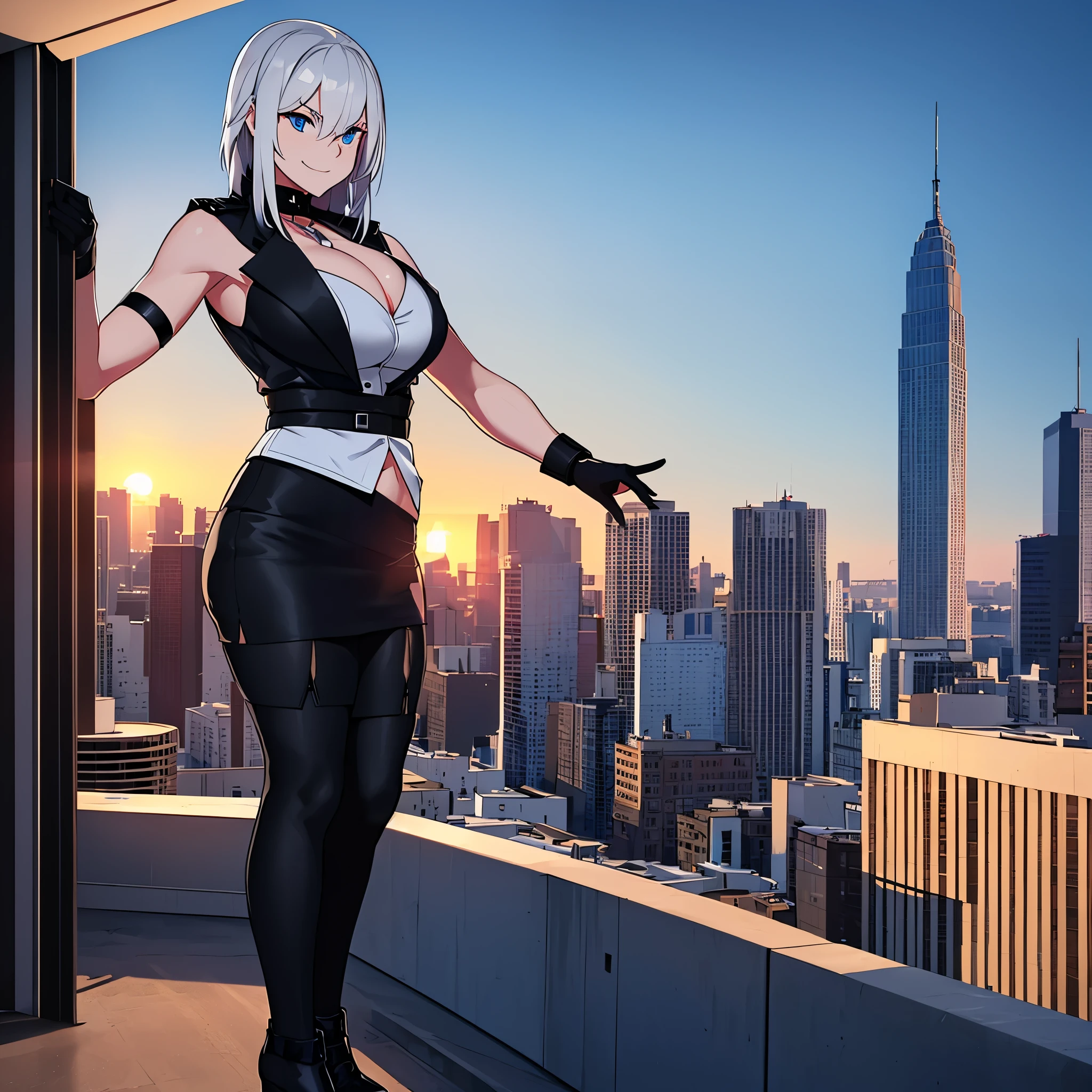 a woman wearing a white sleeveless shirt, wearing an open black military jacket, tight black skirt, black tights, black boots, shoulder-length silver hair, smiling blue eyes, on the top floor of a large building overlooking other buildings, daytime at sunset., HDR , ultra resolution, sharp, masterpiece, 8K HD (solo woaman)