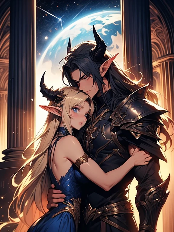 a tall male elf with huge muscles demon horns and dark blue long hair wearing armor hugging a female blonde elf in a medieval room near a pillar, dangerous huge burning meteor falling down outside from the sky, dark sky, dangerous athmosphere, lovers, dark sky with meteor