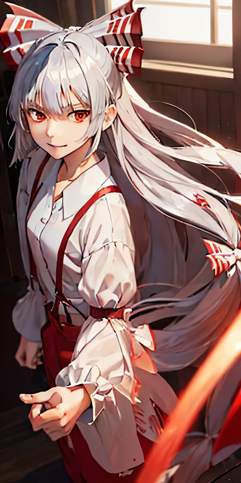 (masterpiece, best quality:1.3), (cinematic angle:1.3), Fujiwara no Mokou, Touhou Series, perfect face, expressive eyes, 1 girl, looking at viewer, , beautiful, anime, lora, silver hair, long hair, white shirt, red long pants, (look evil:1.5),