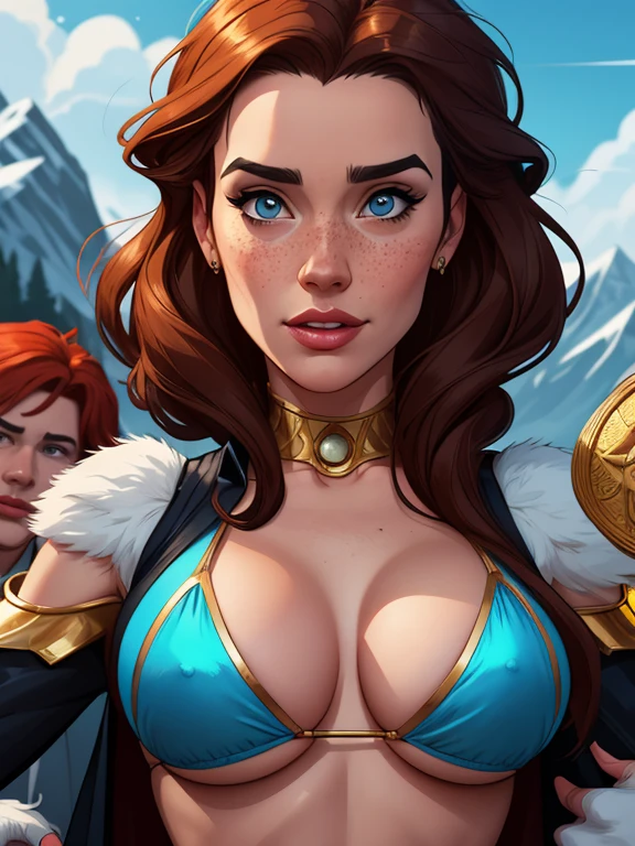Beautiful portrait mode pose Cartoon character in dynamic pose two women together with freckles on their faces Disney princess Queen Anna of Arendelle with 1,60cm on the left and together with a symmetrical body and beautiful breasts, corpo bem definido, delicado e sensual, estilo de desenho animado, digital illustration Portrait mode a close up of two women Cartoon style digital illustration in bikinis in front of a mountain, artegerm e lois van baarle, artegerm e atey ghailan, modelo uniforme | artegerm, artegerm e Genzoman, artegerm comic, como visto em artegerm, artegerm e wlop, artegerm and rossdraws style digital illustration cartoon style waist-up portrait mode with lots of gold around her other precious stones waist-up portrait mode queen of the south Jennifer Connelly GTA scenery dominatrix gold coins chest with jewelry with her boyfriend man with black beard armed military style