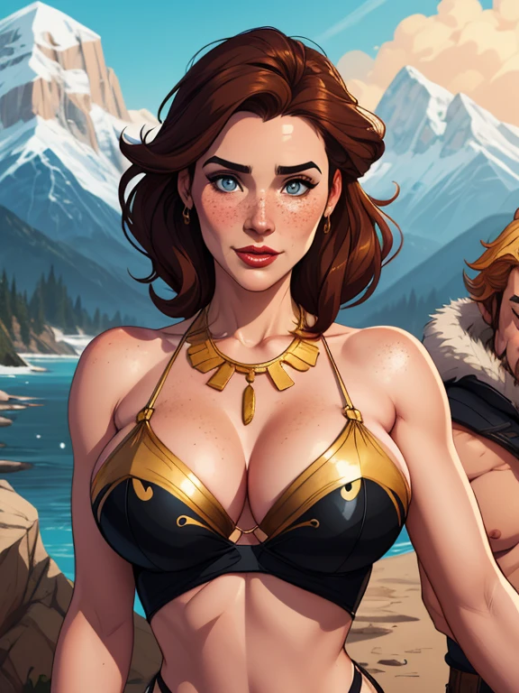 Beautiful portrait mode pose Cartoon character in dynamic pose two women together with freckles on their faces Disney princess Queen Anna of Arendelle with 1,60cm on the left and together with a symmetrical body and beautiful , corpo bem definido, delicado e sensual, estilo de desenho animado, digital illustration Portrait mode a close up of two women Cartoon style digital illustration in bikinis in front of a mountain, artegerm e lois van baarle, artegerm e atey ghailan, modelo uniforme | artegerm, artegerm e Genzoman, artegerm comic, como visto em artegerm, artegerm e wlop, artegerm and rossdraws style digital illustration cartoon style waist-up portrait mode with lots of gold around her other precious stones waist-up portrait mode queen of the south Jennifer Connelly GTA scenery dominatoins chest with jewelry with her boyfriend man with black beard armed military style