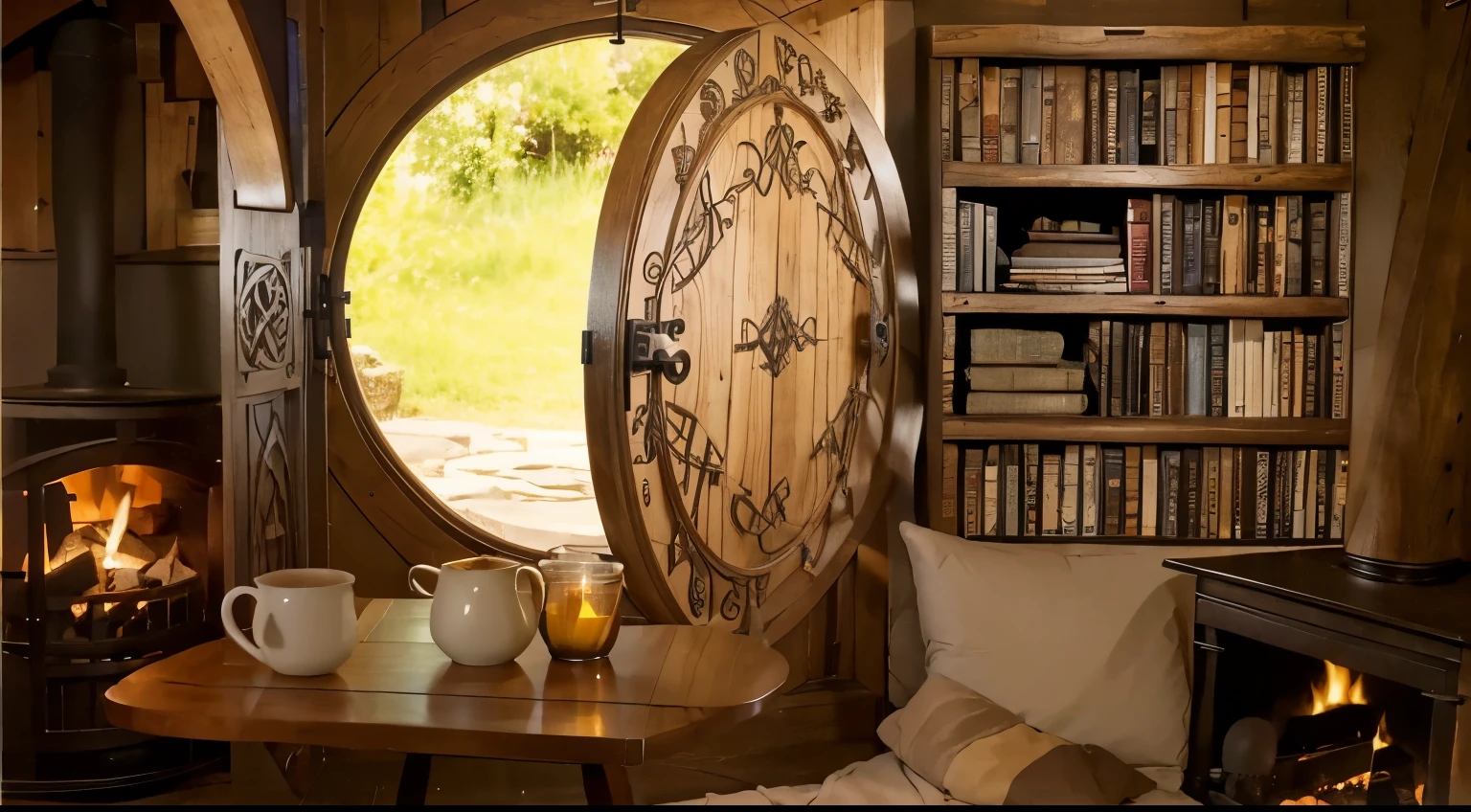 a cozy hobbit hideout, a large hoobit rounded door, a table with cup, coffee can a candle, a cozy bed, two side fireplaces, a bookshelf, a pretty celtic woodwork