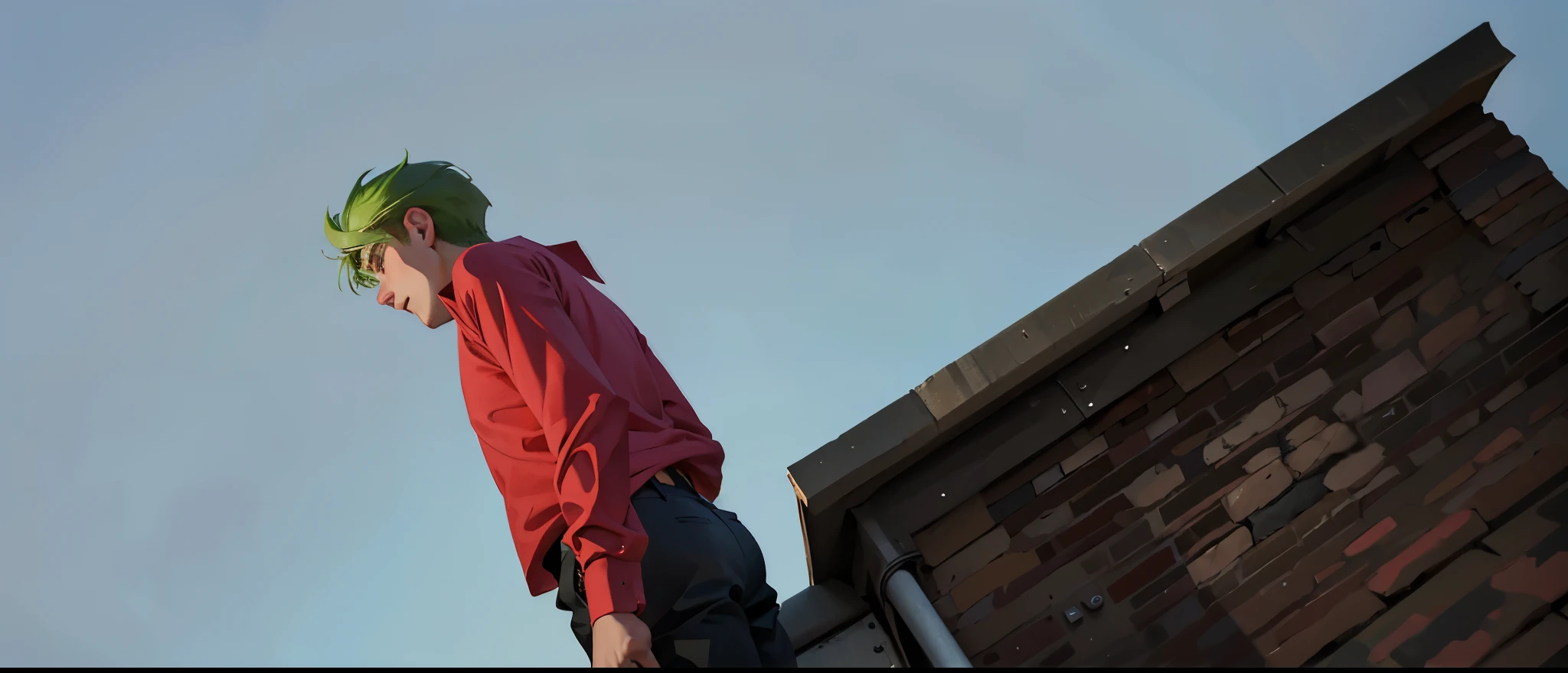 There is a young man of 18 years old, green hair, on top of a building, long sleeve shirt. 