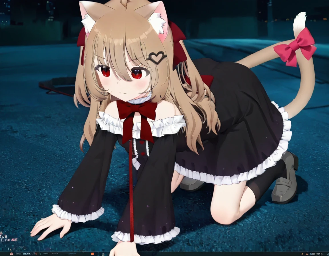 1girl, evil neuro-sama, (yuzu modoki), red eyes, light brown hair, ahoge, two side up, hair ribbon, dark red ribbon, heart hair ornament, black dress, frilled dress, off-shoulder dress, bare shoulders, frilled choker, long sleeves, red bow, red buttons, black heart, black socks, frilled socks, grey footwear, loafers, (masterpiece, best quality), highly detailed, finely detailed, natural lighting, skyline, night, (3d render:0.7), leash, cat ears, cat tail, tail bow, all fours,