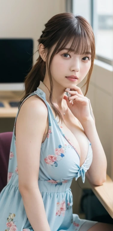 masterpiece、highest quality、8k,Ultra-high resolution、RAW Photos、Ultra-high resolution、日本people々々、beautiful girl、1people、woman, (Flower Hair Ornaments,Braided top knot,Twisted Side Part Ponytail Braided Headband,Half Up、Braided Space Van,Voluminous fishtail braid,Twisted pan),(Asymmetrical bangs)、 (Ultra-realistic),Round face、 Fine and beautiful eyes, Hanging eyes、double eyelid、Thin eyebrows、Red around the eyes、Heavy dolly make-up、Thin lips, (Short summer dress(Light blue floral pattern))、 A kind smile, Professional photography, Cinematic Light, (Very beautiful face: 1.2),(Large Breasts:1.4)、Saggy breasts、Cleavage、Exposed thighs、Voluptuous thighs、smooth calves、、daytime office、In front of the computer、sitting in an office chair、Head to knee photo