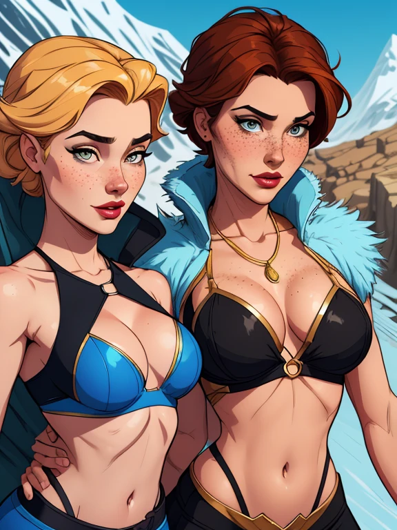 Beautiful portrait mode pose Cartoon character in dynamic pose two women together with freckles on their faces Disney princess Queen Anna of Arendelle with 1,60cm on the left and together with a symmetrical body and beautiful breasts, corpo bem definido, delicado e sensual, estilo de desenho animado, digital illustration Portrait mode a close up of two women Cartoon style digital illustration in bikinis in front of a mountain, artegerm e lois van baarle, artegerm e atey ghailan, modelo uniforme | artegerm, artegerm e Genzoman, artegerm comic, como visto em artegerm, artegerm e wlop, artegerm and rossdraws style digital illustration cartoon style waist-up portrait mode with lots of gold around her other precious stones waist-up portrait mode queen of the south Jennifer Connelly GTA scenery dominatrix gold coins chest with jewelry with her boyfriend man with black beard armed military style