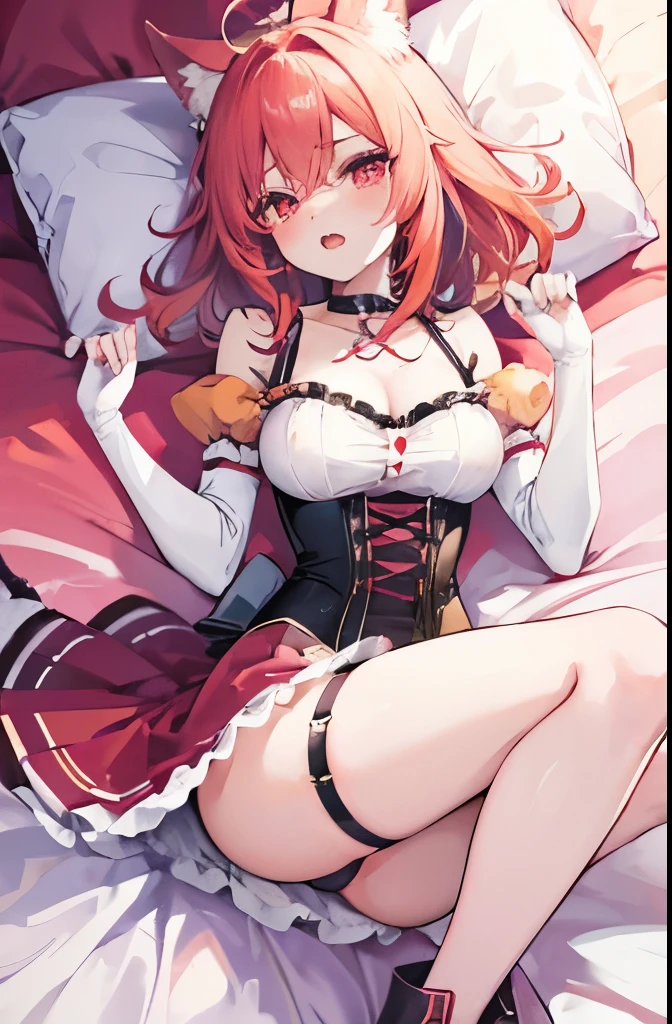 chica anime lying, anime style, Fox girl,Cat girl,Skinny,breast reduction,lying,laying in bed, stroking own chin,reaching,arm at side,knees together feet apart,red hair,medium hair,ahoge,red eyes,White skin,evil seductive,smug, open mouth, cute anime fangs, subtle blush, dress,corset,skirt,dirndl, suspender skirt,thigh strap,boots,tiara,earclip,choker,elbow gloves,fingerless gloves,gloves,Short Dress,Corset,View From Above,Overhead View,Red,White,Brown,lying among fantasy clouds, among colorful fantasy clouds (pink, yellow, cyan,purple,orange), soft colours background,Elegant,Eye Makeup, laying ,Cute, cute eyes, Between dream colors, Surrounded by a fantasy colors effect, lying among colored clouds, soft colors background (pink, yellow, cyan,purple,orange), Efecto de colores alrededor, surrounded by sparkles and colors 
