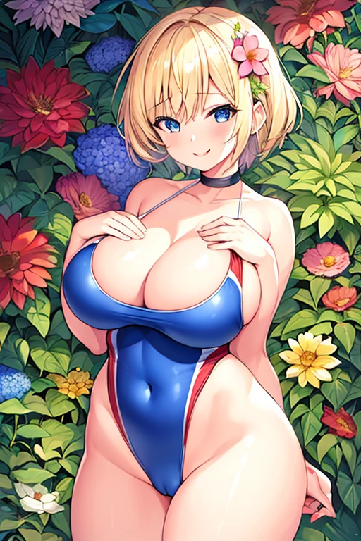 1girl, blonde hair, very short hair, short hair, flower, flower orbament, ornament, hair ornament, blue eyes, one-piece swimsuit, competition swimsuit, large breasts, wide hips, thick thighs, smile, breasts supress, ((breast suppress)), hands on breasts