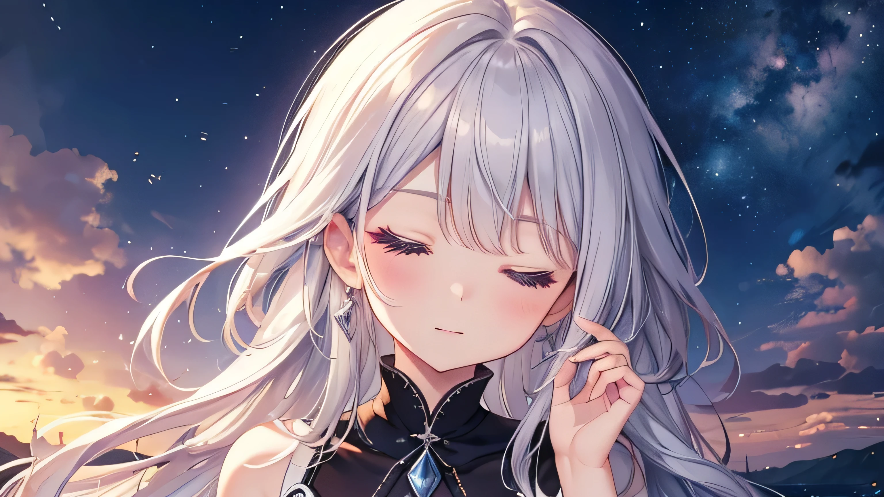 Eyes closed(Mastepiece:1.2、high quality)mysterious、A magical night、Natural scenery、Silver Hair、cute、peace