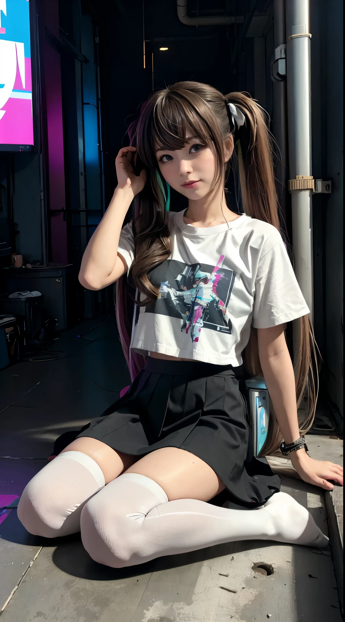 Amazing image quality、Amazing quality、Inside the ruins、Only one woman in her 20s、Show the whole body、Full body shot、(((Her hair is light brown and twin-tailed.)))、(())、((((Cyberpunk-style thief outfit))))、(((Black mini skirt)))、((Absolute area))、(((White over-knee socks)))、((One hand is a piece))、smile、A cunning attitude、cute posture、Sit with your legs apart、((twin tails))、