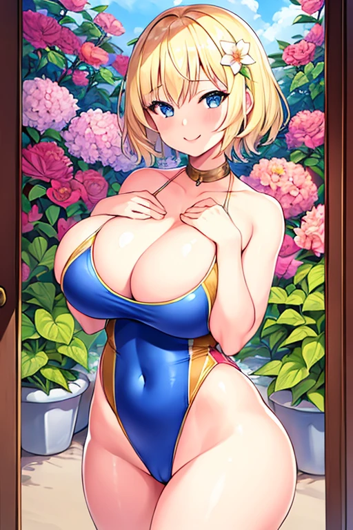 1girl, blonde hair, very short hair, short hair, flower, flower orbament, ornament, hair ornament, blue eyes, one-piece swimsuit, competition swimsuit, large breasts, wide hips, thick thighs, smile, breasts supress, ((breast suppress)), hands on breasts