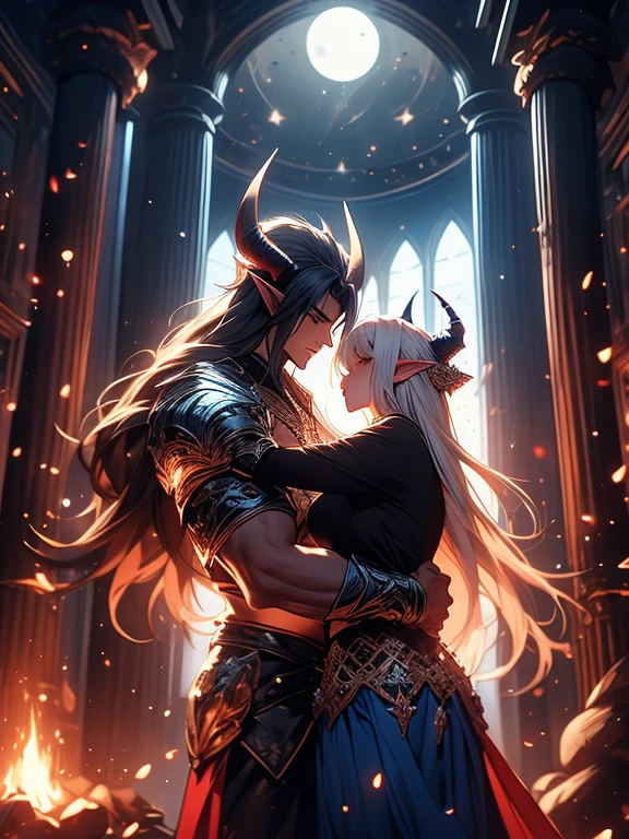 a tall male elf with huge muscles demon horns and dark blue long hair wearing armor hugging a female blonde elf in a medieval room near a pillar, dangerous huge burning meteor falling down outside from the sky, dark sky, dangerous athmosphere, lovers, inside a hall, next to a pillar, windows, dark sky with meteor, sexy female