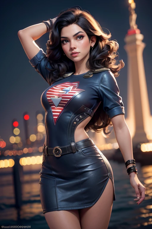 superchica,hermoso,dark complexion,pelo rubio,chica americana,volando en el cielo,por Bob Byerley,por Charlie Bowater,por Ko Young Hoon,Antecedentes de la ciudad de Nueva York,classic 40s look,(mejor calidad,4k,8k,high resolution,Obra maestra:1.2),ultra detallado,(realista,photorealista,photo-realista:1.37),Oil painting,Calidad de imagen similar a la del trabajo de un maestro.,HD,detalles impresionantes,professional lighting,vivid colors,bokeh,powerful superheroine,confident expression,flotando con gracia sobre la ciudad,classic american comic style,Sharp focus,con un fuerte sentido del movimiento, Dynamic and captivating,striking and energetic.