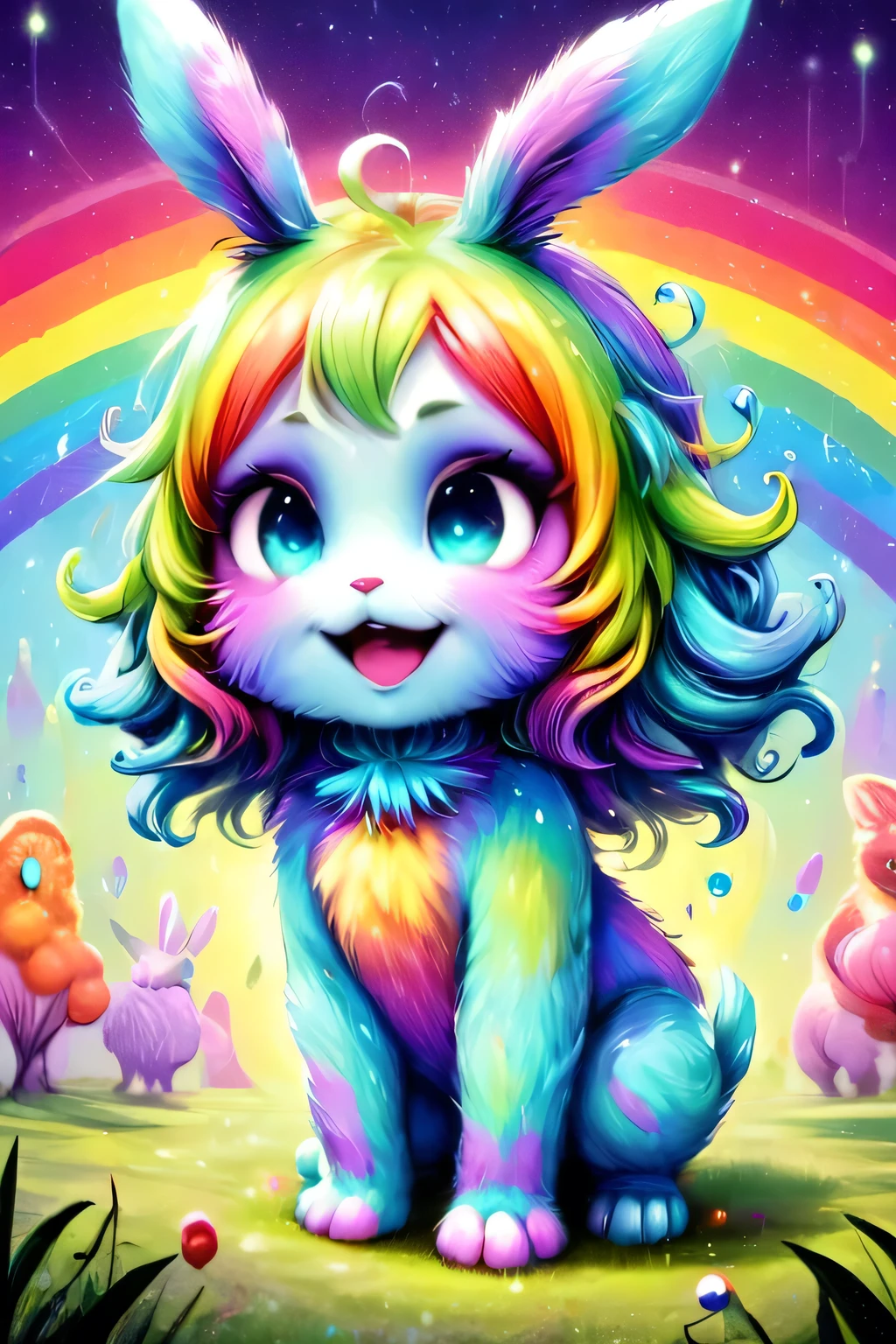 fantasy art , 8K, HD, Creature magic,coloful,rainbow,female,cute,pretty,monster,bunny