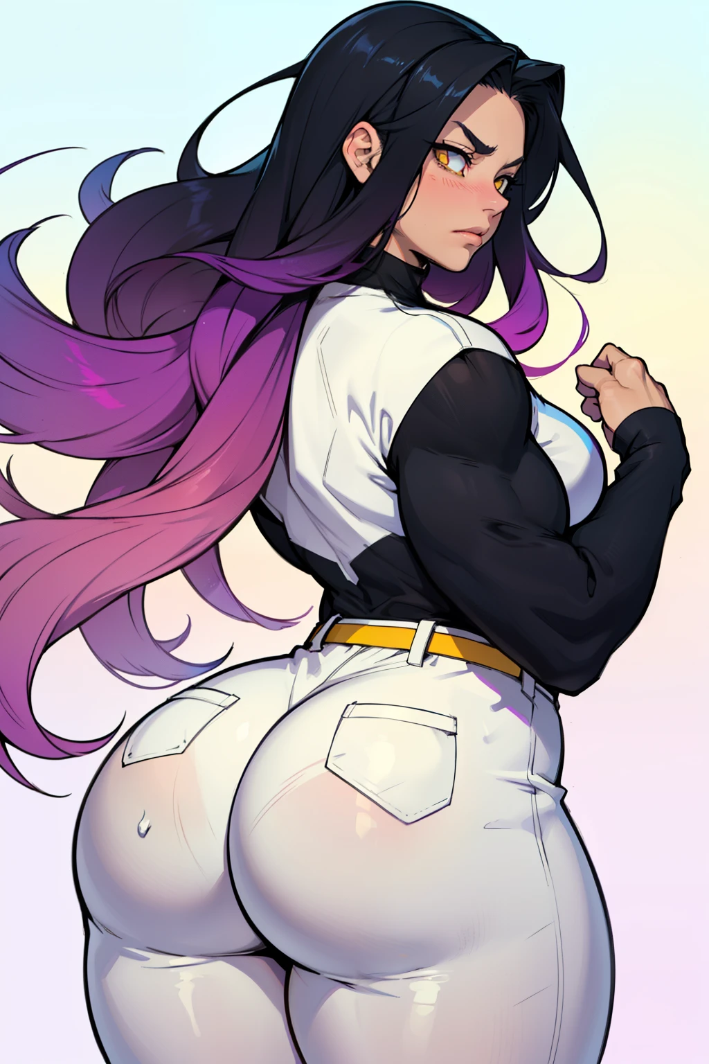 1girl solo black hair yellow eyes very long hair pale skin muscular muscular muscular muscular toned body huge muscles thick thighs girl tight clothes angry blushing messy hair tight shirt long sleeves thick thick thick thick (gradient hair gradient hair gradient hair gradient hair gradient hair gradient hair) (gradient hair gradient hair gradient hair gradient hair gradient hair gradient hair)