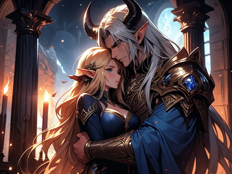 a tall male elf with huge muscles demon horns and dark blue long hair wearing armor hugging a female blonde elf in a medieval room near a pillar, dangerous huge burning comet falling down outside from the sky, dark sky, dangerous athmosphere, lovers